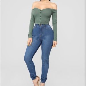 Ribbed Button Down Off the Shoulder Crop Top